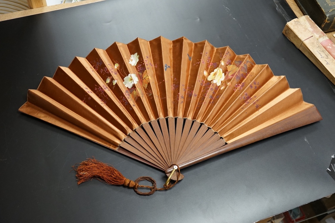 A group of 19th century fans to include a blonde tortoiseshell brisé fan, gilt decorated with sequins and a floral hand painted with figures with sequins decoration, some boxed, tortoiseshell fan 19cm high largest 36cm h